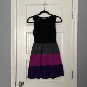 Black, purple, gray fit and flare dress